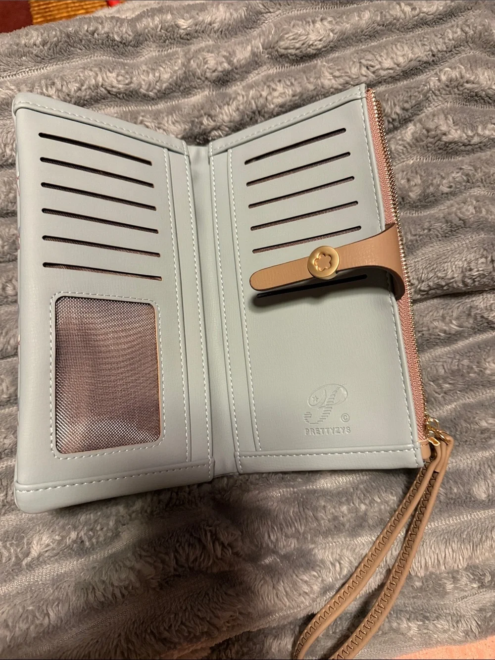 Light Blue Floral Wristlet Wallet with Tan Trim